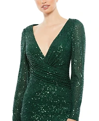 Women's Embellished Illusion Long Sleeve V Neck Gown