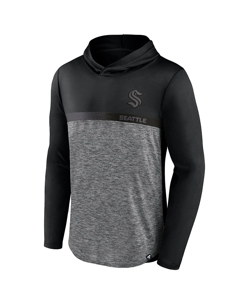 Fanatics Men's Black/Heather Charcoal Seattle Kraken Iconic Defender Pullover Hoodie