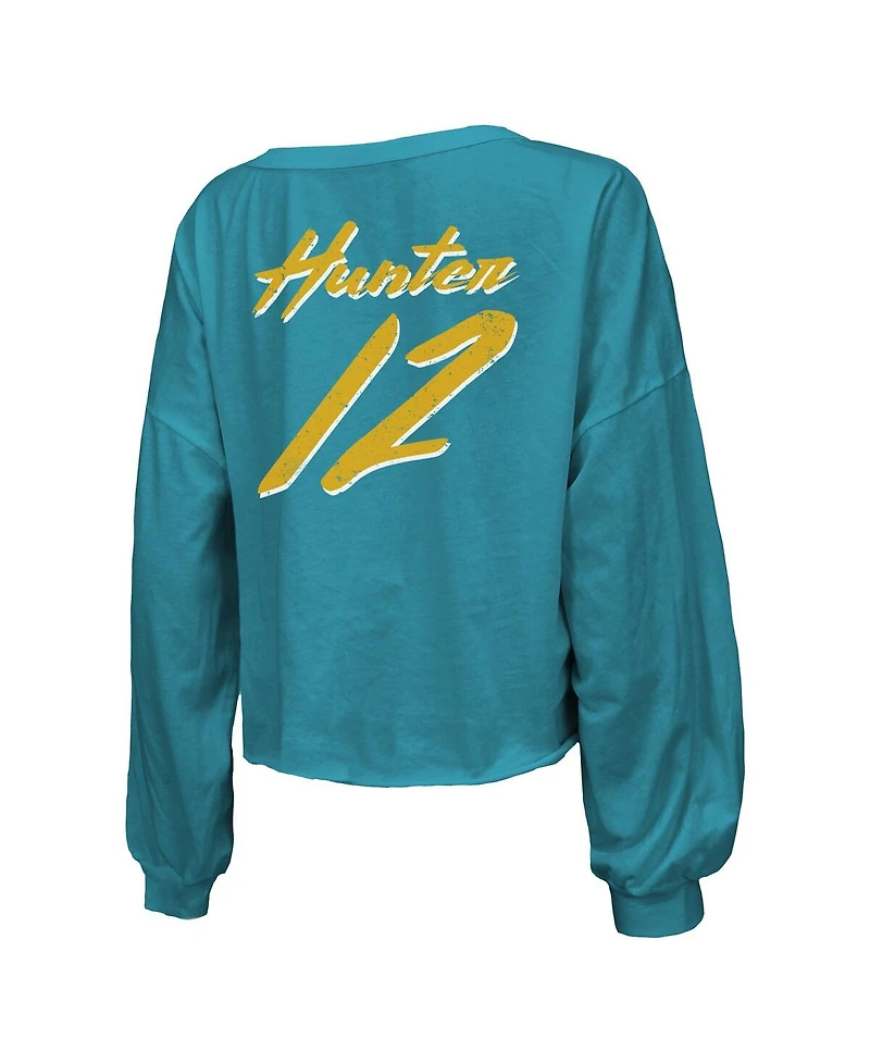 Majestic Women's Travis Hunter Teal Jacksonville Jaguars 2025 Nfl Draft First Round Pick Off-Shoulder Script Name Number V-Neck T-Shirt