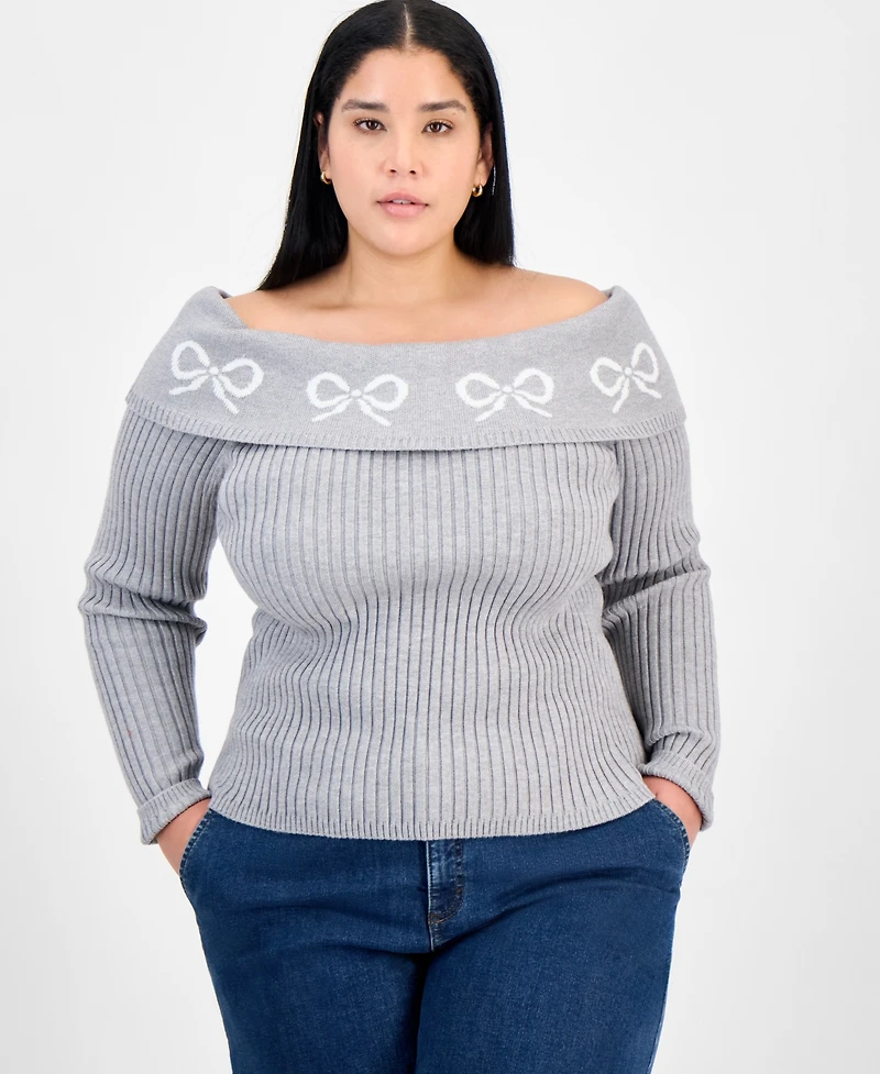 Madden Girl Trendy Plus Size Bow Off-The-Shoulder Sweater