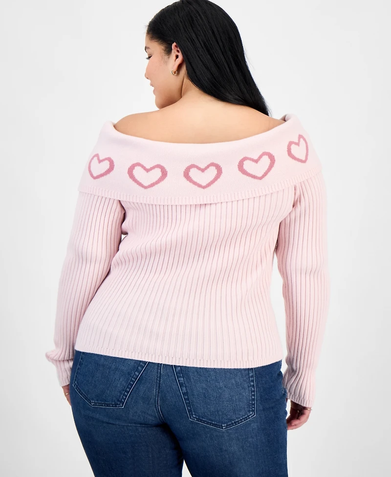 Madden Girl Trendy Plus Heart Off-The-Shoulder Sweater