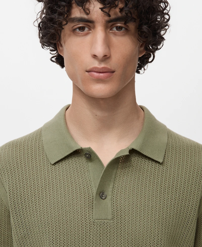 Mango Men's Openwork Knitted Cotton Polo Shirt