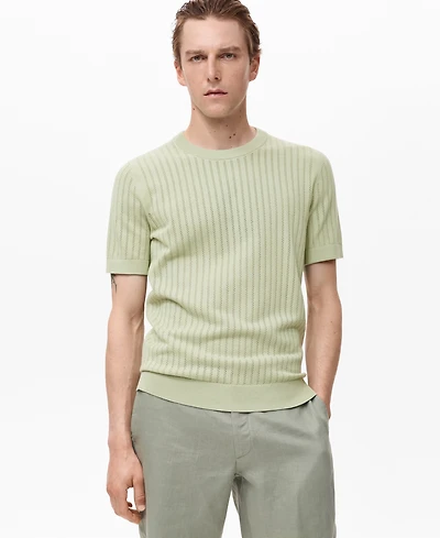 Mango Men's Striped Openwork Cotton T-Shirt
