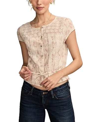 Lucky Brand Women's Round-Neck Button-Front Tie Cotton Top