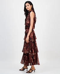 julia jordan Women's Tie-Neck Blouson Tiered Maxi Dress
