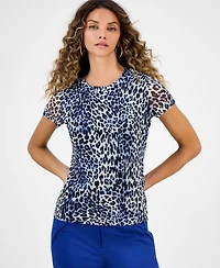 Bar Iii Women's Leopard-Print Short-Sleeve Mesh Top, Macy Exclusive