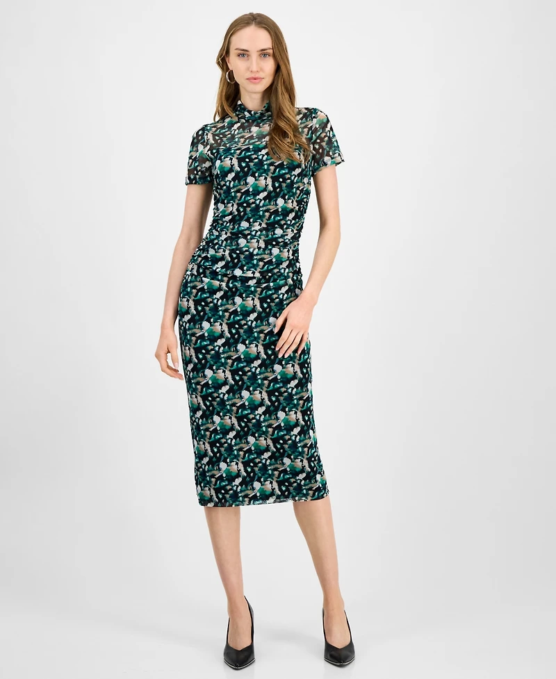 Bar Iii Women's Printed-Mesh Mock-Neck Midi Dress, Macy's Exclusive