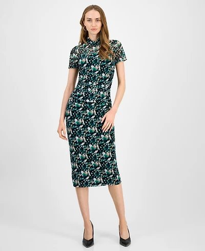 Bar Iii Women's Printed-Mesh Mock-Neck Midi Dress, Macy's Exclusive
