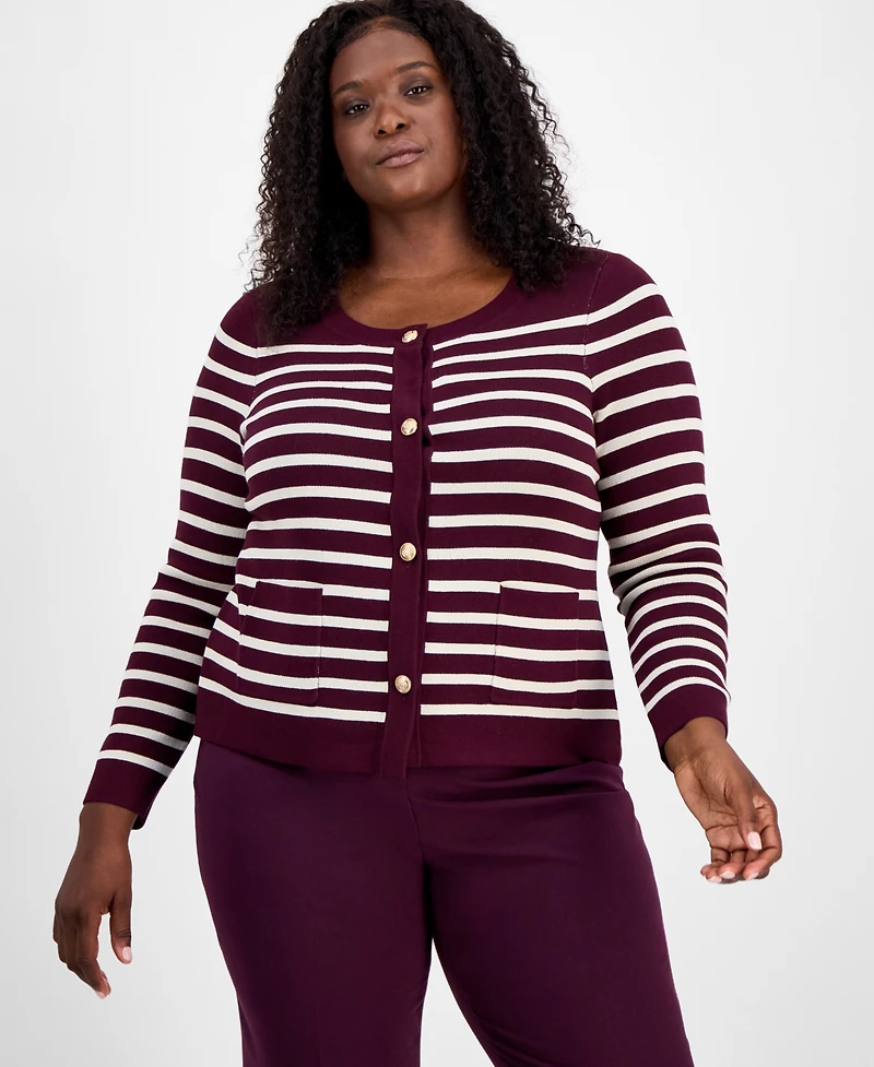 Tahari Asl Plus Scoop-Neck Striped Cardigan