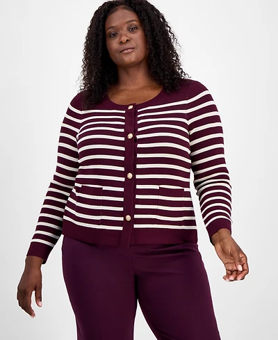 Tahari Asl Plus Scoop-Neck Striped Cardigan