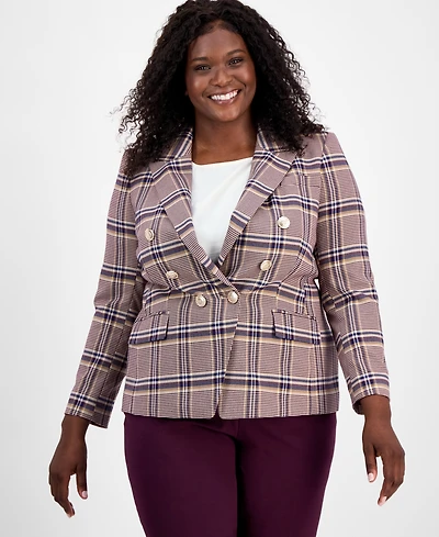 Tahari Asl Plus Plaid Print Double-Breasted Jacket