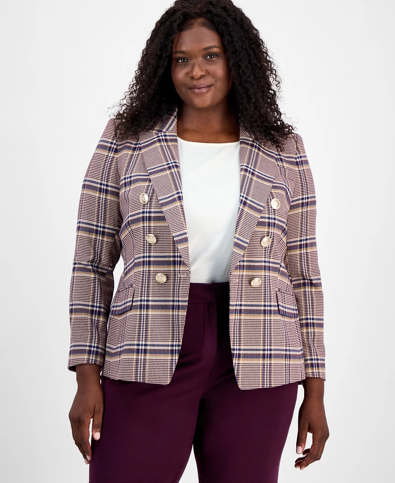 Tahari Asl Plus Plaid Print Double-Breasted Jacket