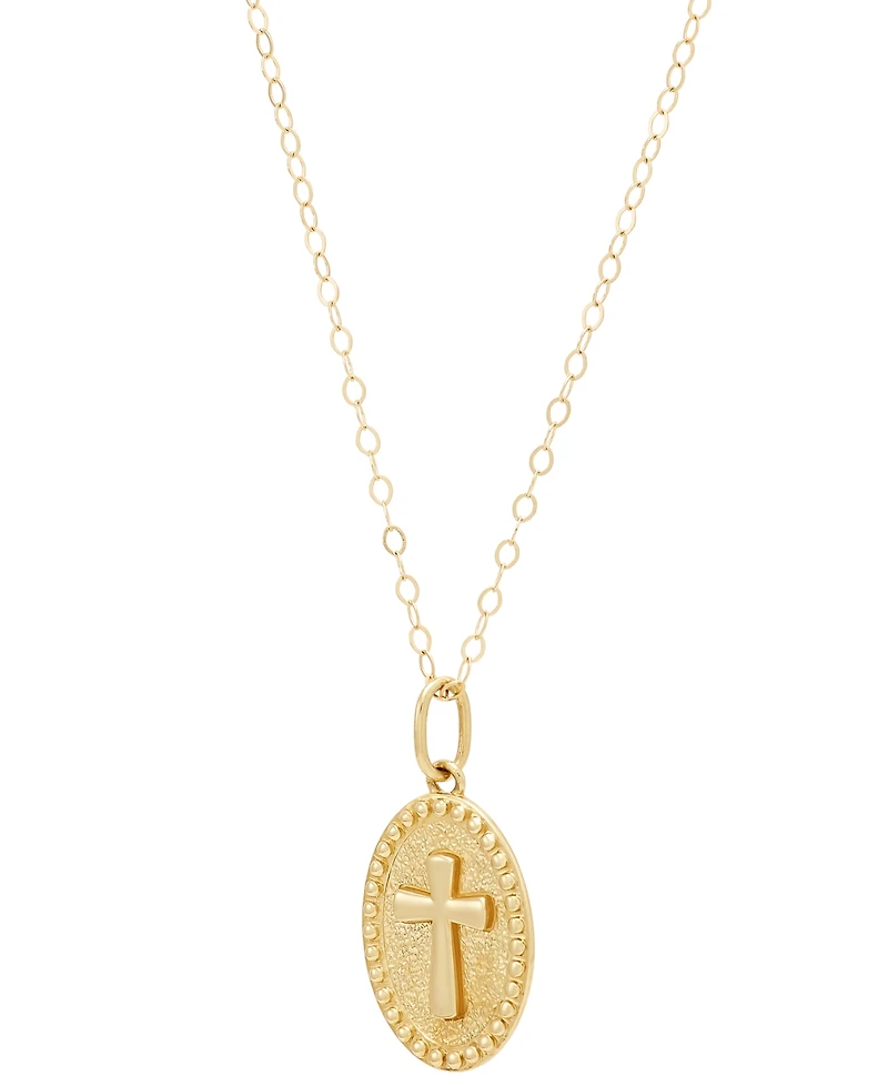 Polished Oval Cross Beaded Medallion 15" Pendant Necklace in 14k Gold