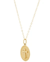 Polished Oval Cross Beaded Medallion 15" Pendant Necklace in 14k Gold