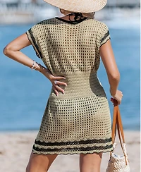 Cupshe Women's Crochet Knit Cutout V-Neck Mini Cover-Up Beach Dress