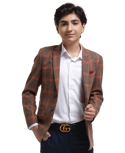 Elie Balleh Toddler Camel Slim Fit Premium Wool Checkered Blazer
