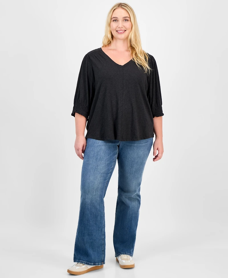 Democracy Trendy Plus Elbow-Sleeve Smocked-Cuff Blouse