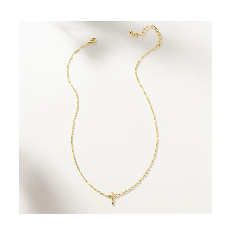 14K Gold-Plated Simple Cross Necklace, 14" + 2" extender
