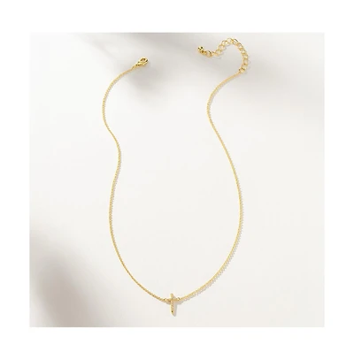 14K Gold-Plated Simple Cross Necklace, 14" + 2" extender
