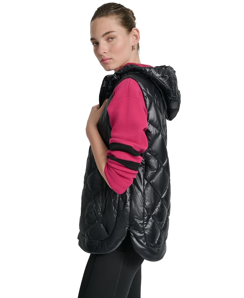 Dkny Women's Quilted Curved-Hem Hooded Vest