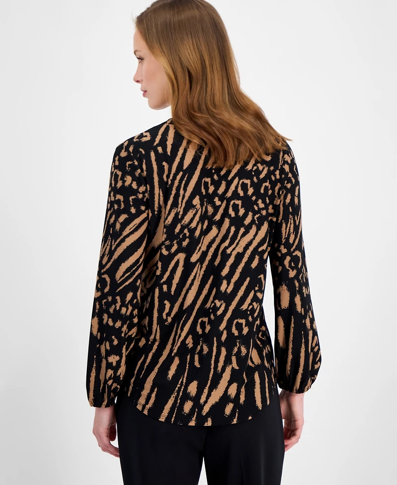 Ak Anne Klein Petite Split-Neck Animal-Print Top