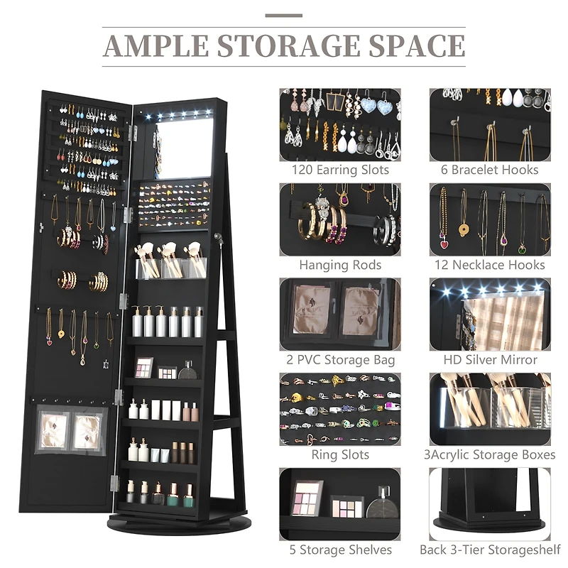 Vlsrka Rotatable full-length jewelry mirror cabinet with compartments and built-in Led lights.