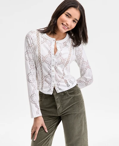 Free People Women's Button-Front Long Sleeve Lace Top