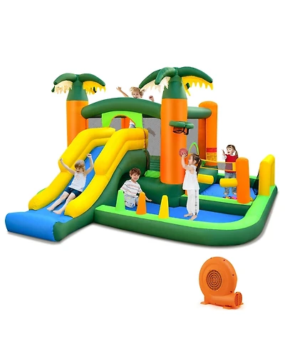 Gymax Tropical Inflatable Bounce Castle 8-in-1 Giant Jumping House with 680W Blower