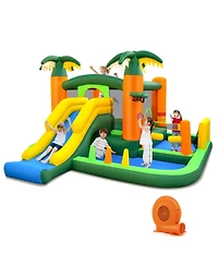 Gymax Tropical Inflatable Bounce Castle 8-in-1 Giant Jumping House with 680W Blower