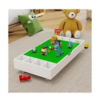 Cesicia 2 in 1 Rollaway Play Table and Toy Organizer Compatible with Lego Suitable for Storing Under Bed or Sofa-White