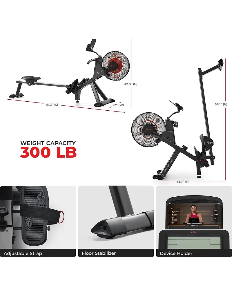Sunny Health & Fitness Premium Smart Magnetic Air Rower, 300LB Weight Capacity, Free SunnyFit App w/ Bluetooth