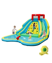 Gymax Inflatable Mighty Water Park Bouncy Splash Pool Climbing Wall with 735W Blower