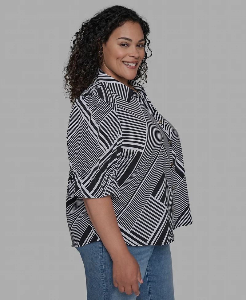 Karl Lagerfeld Paris Plus Geo-Print Puff-Sleeve Shirt
