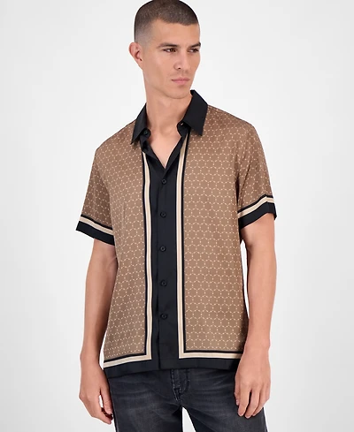 Guess Short Sleeve Geometric Border Charm Button-Front Shirt