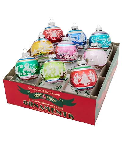 Shiny Brite Christmas Confetti Signature Flocked Rounds , Set of 9