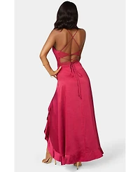 Bebe Women's Satin Ruffle Maxi Lace Up Back