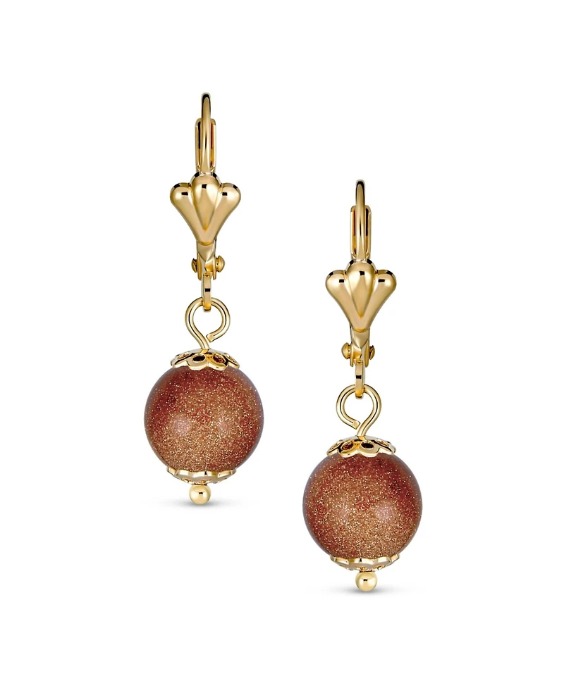 Bling Jewelry Set of 2 Round Natural Brown Goldstone Black Onyx Drop Ball Earrings Gold Plated