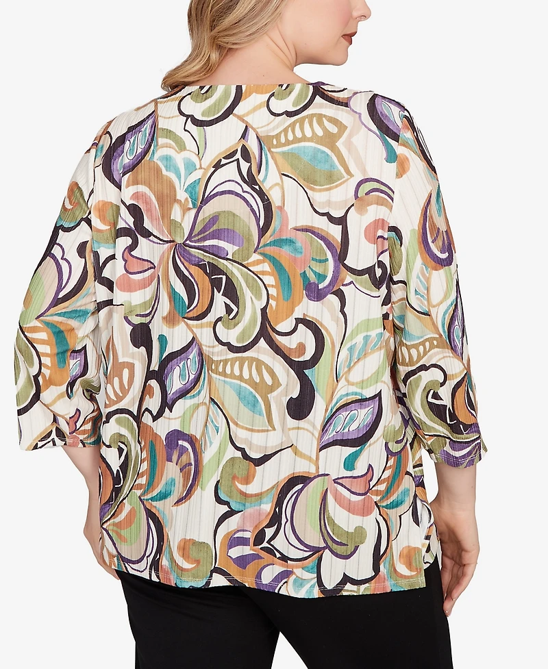 Alfred Dunner Plus Classic Abstract Scroll Split Neck Top