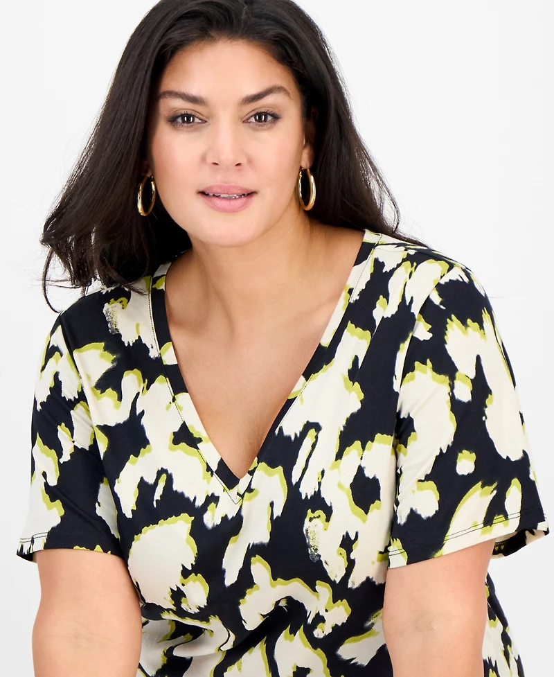 I.n.c. International Concepts Plus Cotton V-Neck Short-Sleeve Top, Macy's Exclusive