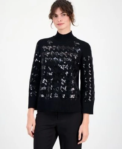 Anne Klein Womens Houndstooth Sequin Mock Neck Sweater P Xxs Xxl