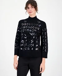 Anne Klein Womens Houndstooth Sequin Mock Neck Sweater P Xxs Xxl