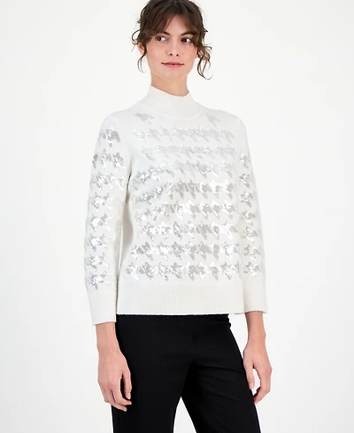 Anne Klein Women's Houndstooth Sequin Mock-Neck Sweater