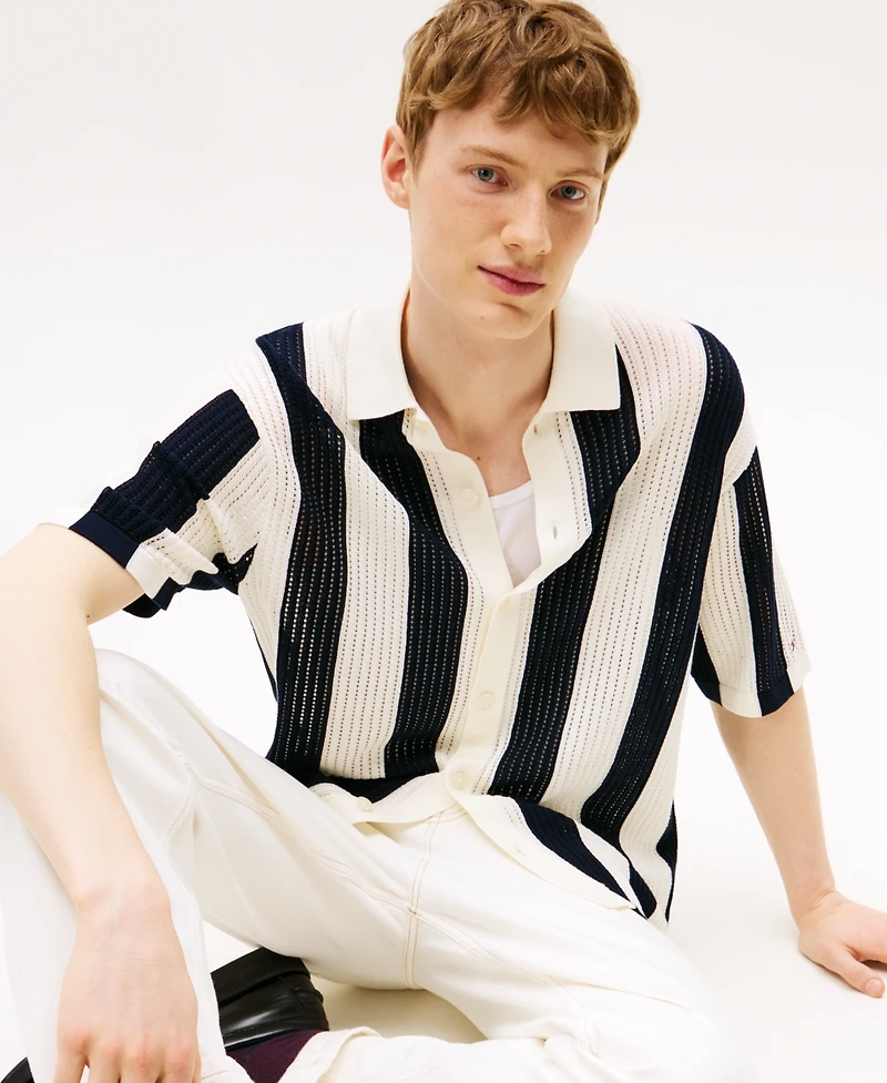 Tommy Hilfiger Men's Stripe Button Front Open Knit Shirt
