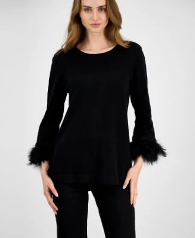 Anne Klein Womens Crewneck Feather Trim Cuff Sweater P Xxs 3x