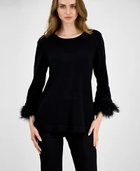 Anne Klein Womens Crewneck Feather Trim Cuff Sweater P Xxs 3x