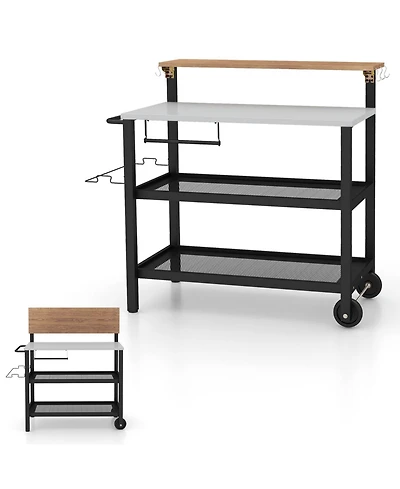 Rolling Bar Cart with Flip-Up Table & Hooks Mobile Storage Cart for Kitchen and Entertaining