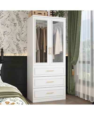 White 2-door 3-drawer wardrobe with tempered glass, bedroom Armoire, wooden Closet