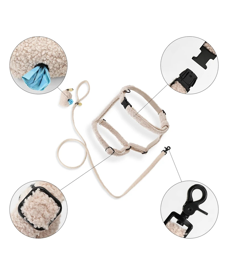 Teddy Boucle Adjustable H Harness Leash Walk Set with Poop Bag Pouch