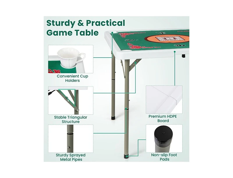Akiudex 35 Inch 4 Player Game Card Folding Mahjong Table with Cup Holders