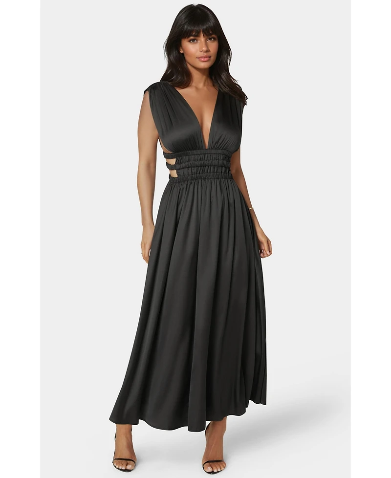 Bebe Women's Satin V-Neck Cutout Maxi Dress